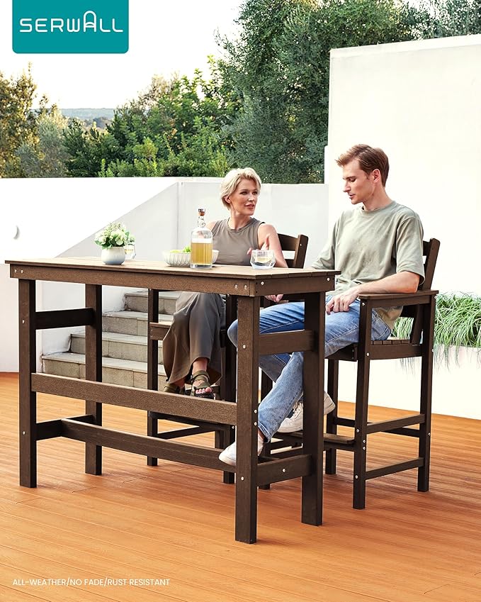 SERWALL Outdoor Bar Table and Chairs Set, Adirondack Bar Chairs Set of 2 and Bar Height Table, All Weather HDPE Patio Bar Set, Outdoor Furniture for Outside, Coffee