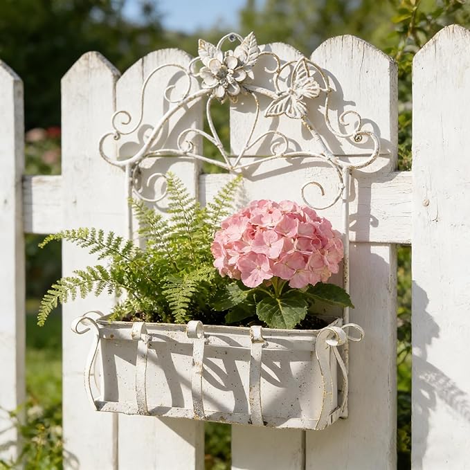 Rustic Metal Wall Planter Vintage Wall Mounted Flower Pot Farmhouse Distressed Wall Hanging Plant Basket with Floral & Butterfly Decor for Indoor Outdoor Garden Home Yard (White#2)
