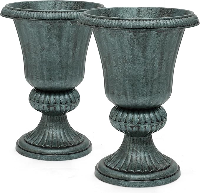 Magshion 20" Urn Planters for Outdoor Plants, Large Decorative Front Porch Planters Set of 2, Weatherproof Tall Plastic Flower Pots for Garden, Patio & Entryway Décor, Antique Green