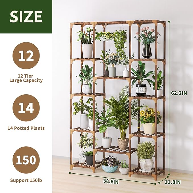 Uneedem Tall Indoor Outdoor Plant Stand - Large 12 Tier Plant Rack with Wooden Shelves for Room, Balcony, Garden, Patio