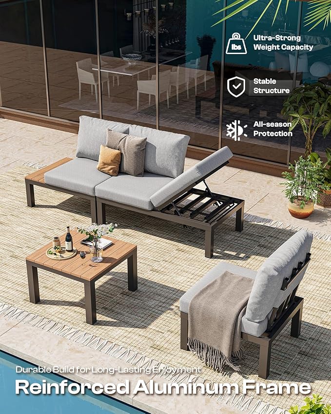 Aluminum Modular Outdoor Patio Furniture Set, 6 Seats Sectional Sofa Set with Adjustable Backrest & Thick Cushions, All-Weather L-Shaped Corner Set with Table for Garden & Yard, Gray