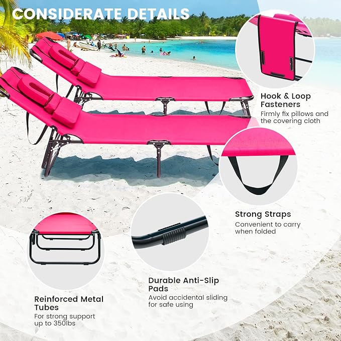 GYMAX Tanning Chair, 350lbs Beach Lounge Chair with Face Hole, Detachable Washable Pillow & Carry Strap, Adjustable Folding Chaise Lounge, Layout Chair for Outside, Patio, Poolside, Lawn (2, Pink)