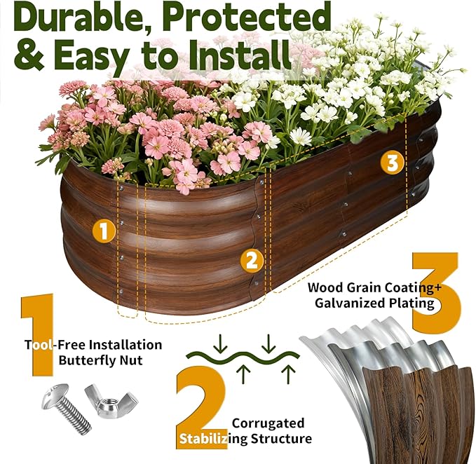 Galvanized Raised Garden Bed Outdoor, Large Raised Bed for Gardening, 2Pcs 4x2x1ft Oval Metal Planter Box for Vegetables, Fruits, Flowers, Dark Brown Wood Grain