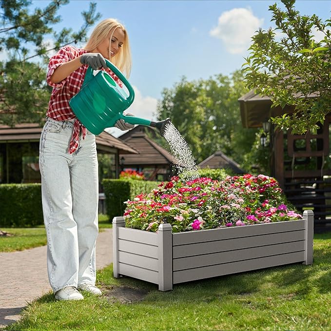 Raised Garden Bed, 21 Gallon Self-Watering Outdoor Raised Planter Box with Drainage Plug and Gauge for Vegetables, Flowers and Herbs, Durable Rustproof Resin for Backyard Patio Porch (Grey)