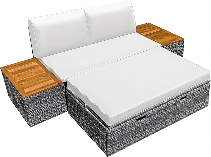 Greesum Outdoor Daybed Set Multifunctional Wicker Lounge Bed Furniture with Two Side Tables, Cushions, Storage Bench for Porch Lawn Patio Beach, OneSize, White
