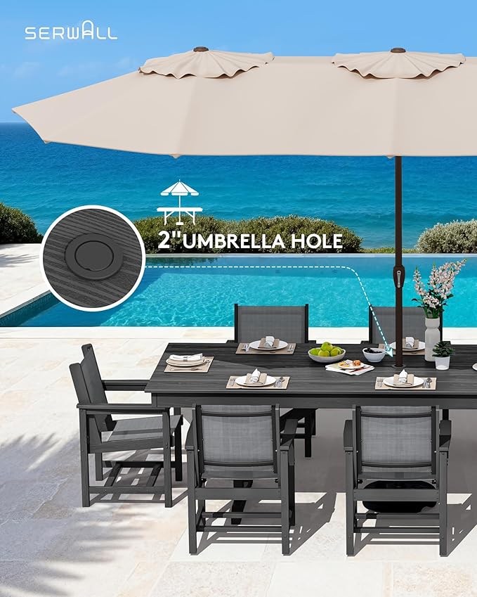 SERWALL 9 Piece Outdoor Dining Set, 84" HDPE Outdoor Large Table and Texilene Chairs for 8，All Weather Patio Dining Furniture Set with Umbrella Hole for Backyard, Garden, Black