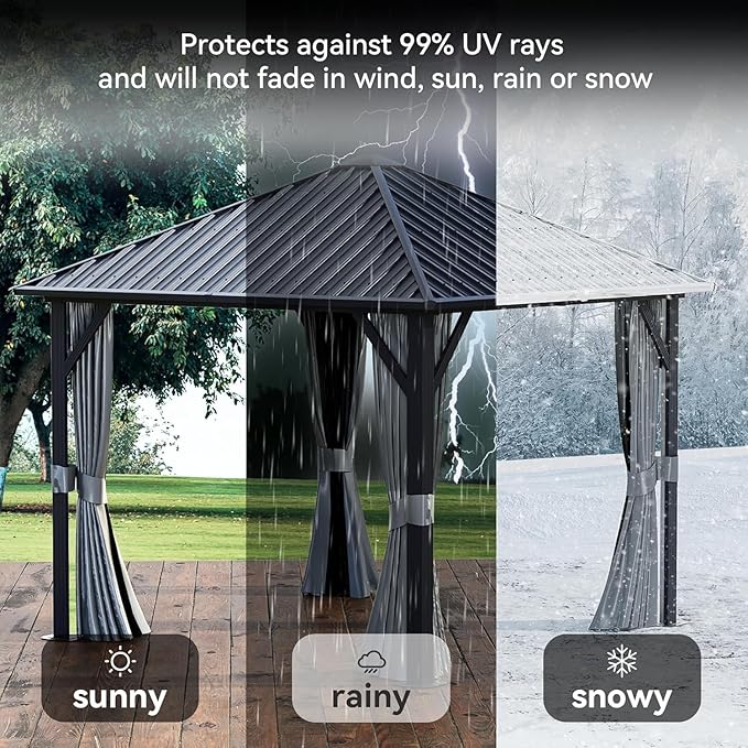 Aoxun Hardtop Gazebo 10x10, Aluminum Frame Canopy with Galvanized Steel Roof, Outdoor Gazebo with Breathable Netting and Privacy Curtain for Backyard
