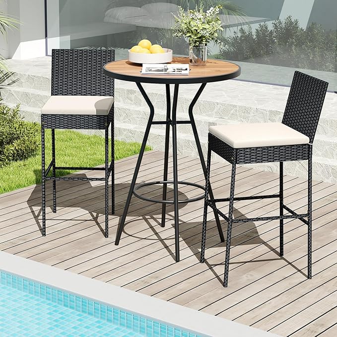 HAPPYGRILL Wicker Patio Barstools Set of 2, Outdoor Rattan Bar Chairs with Footrest & Backrest, Armless High Top Chairs with Seat Cushions for Backyard, Balcony