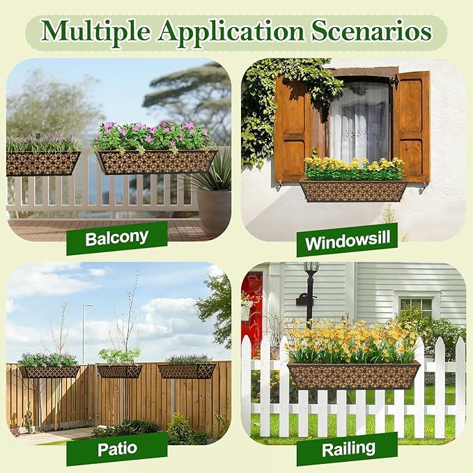 SPECILITE 30" Window Boxes Planters, Heavy Duty Metal Railing Planter Boxes, Adjustable Balcony Planters for Railing Hanging, with Coco Liner & Tool Set for Deck, Porch, and Patio Gardening (6 Pack)
