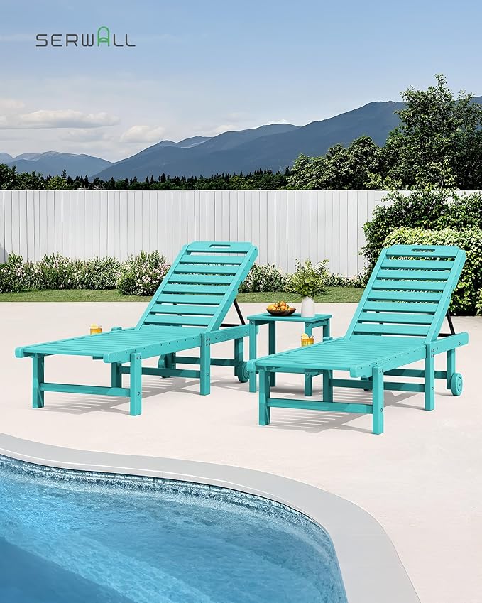 SERWALL Outdoor Chaise Lounge Set of 6, HDPE Pool Lounge Chair with 5-Position Adjustable Backrest, Patio Lounger with Rolling Wheels & Cup Holder for Pool, Aruba