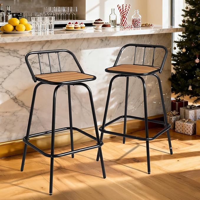 VINGLI 2 PCS Outdoor Swivel Bar Stools, 30 Inch Metal Barstools with Backrest & Footrest, 360° Rotating All-Weather Stools for Garden, Balcony, Kitchen Island (Teak)