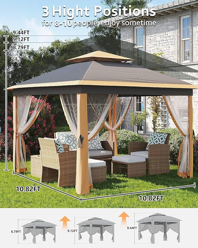Garveelife 11x11 Pop Up Gazebo Tent with Mosquito Netting, Outdoor Canopy Shelter Easy Setup, Water & UV Resistant - Khaki