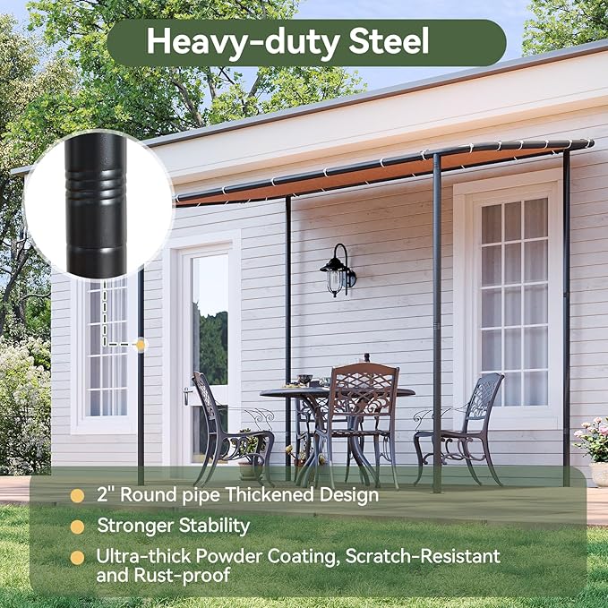 Aoxun 10x6 Lean to Gazebo Outdoor Pergola with Water Resistant & UV-Resistant, Wall-Mounted Canopy Sloped Roof Awning for Patio Backyard, Deck, or Garden Khaki