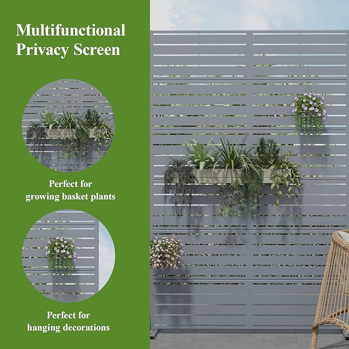 Casaphoria Metal Privacy Screen Outdoor, 72" H x 47" W Freestanding Decorative Privacy Screen for Patio Deck Balcony Garden with Stable Base, Grey-Louvered