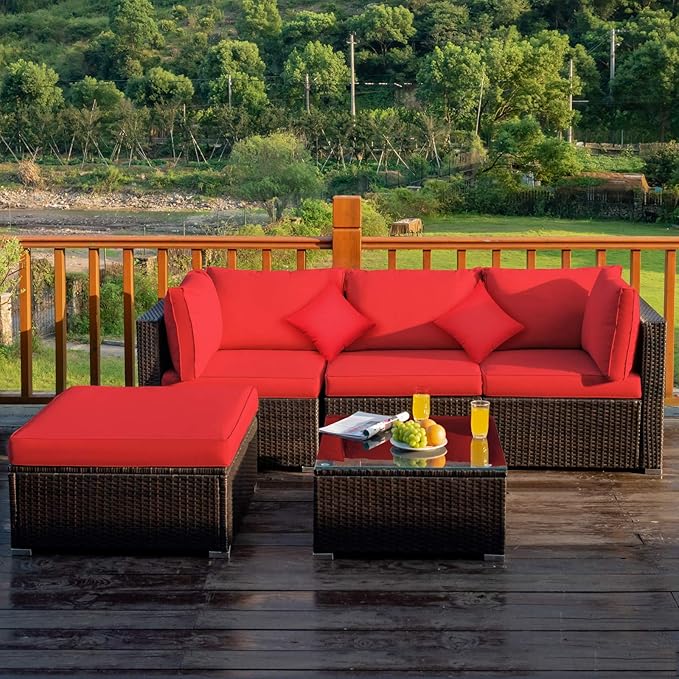 Tangkula 5 Pieces Patio Rattan Furniture Set, Outdoor Sectional Rattan Sofa Set with Back & Seat Cushions, Wicker Conversation Set with Tempered Glass Table for Backyard Porch Poolside (Red)