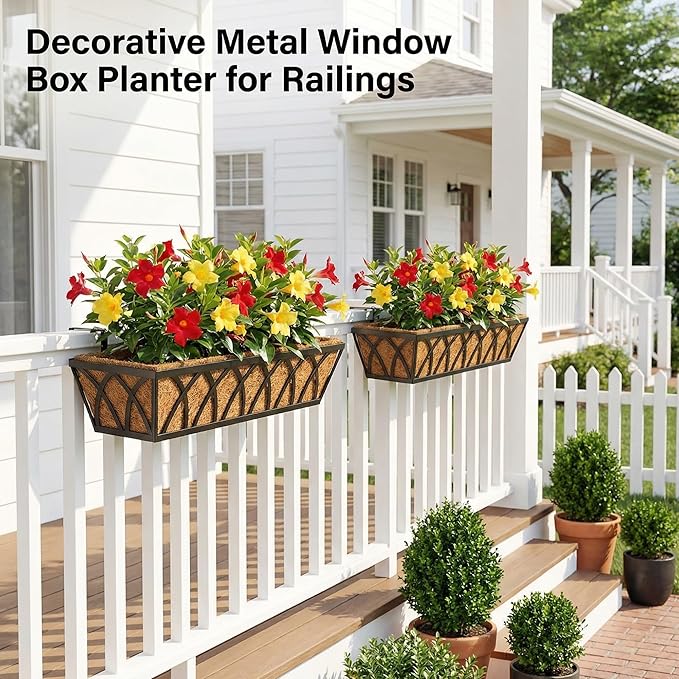 HFHOME 24 inch Window Deck Rail Planter with Coco Liner, 24" Dia Window Box Trough with Coconut Coir Liners, Black Metal Hanging Flower Planter Basket for Indoor Outdoor Lawn - Set of 4