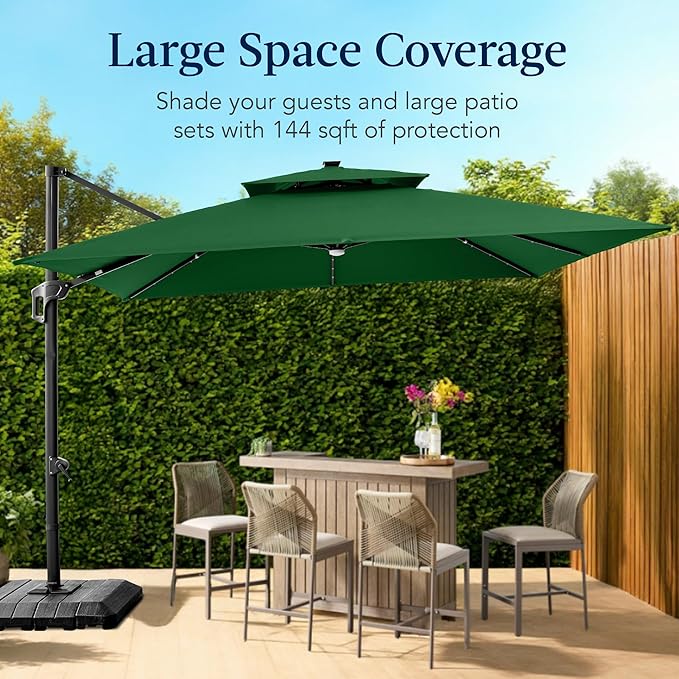 Best Choice Products 12x12ft LED Cantilever Patio Umbrella w/Base Included & 360° Rotation, Large Solar Offset Hanging Outdoor Sun Shade for Deck, Backyard Table w/Stand & Lights – Green