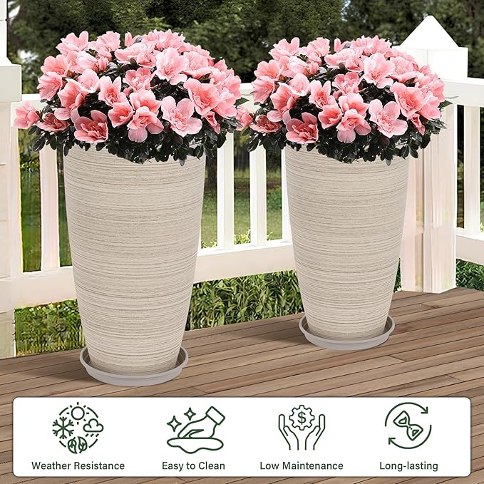 Set of 2 Tall Planter, 21 inch Large Plastic Planter with Drain Hole & Saucers, Large Outdoor Planters for Porch, Garden, Patio, Balcony(Oat Color)
