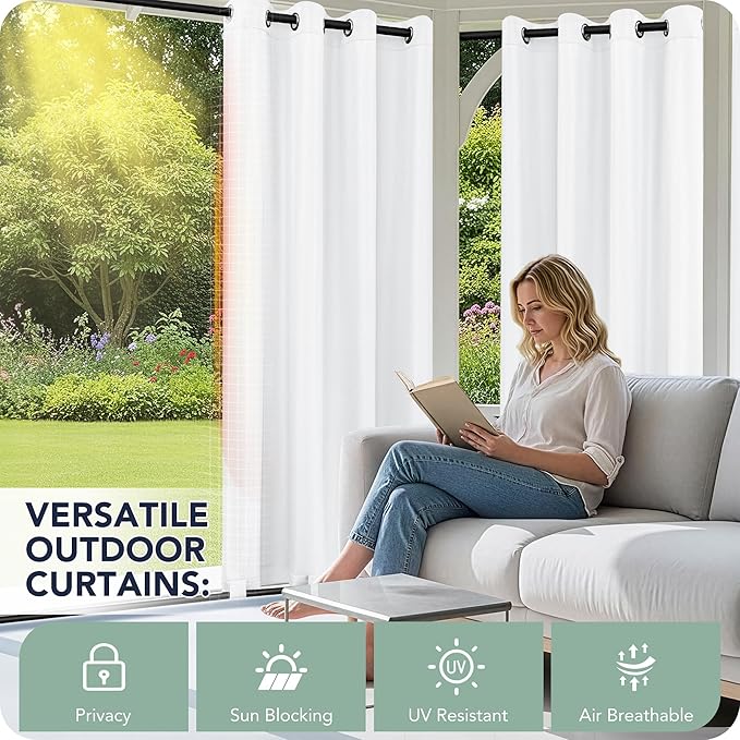 Outdoor Curtains for Patio Waterproof 6 Panels - Windproof, Privacy, Weatherproof Outside Drapes for Gazebo Pergola Porch, Grommet Top and Tab Bottom, 54x84 Inch, White