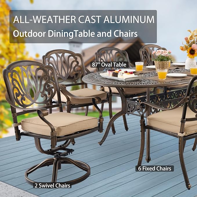 9-Piece Cast Aluminum Patio Furniture, Outdoor Dining Sets for 8 Include 87" Oval Patio Dining Table, 6 Stackable Chairs & 2 Swivel Chairs with Cushions & Umbrella Hole(Bronze)
