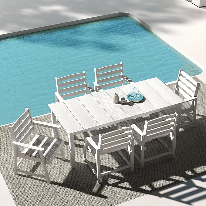 7-Piece White Outdoor Dining Set for 6, 75.2'' HDPE Table with Umbrella Hole & Chairs, Weather-Resistant Patio Furniture for Garden, Lawn, or Poolside