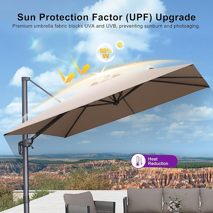 PURPLE LEAF 8 FT Outdoor Umbrella with Base Patio Cantilever Aluminum Umbrella with 3 Years Fade Resistance Recycled Fabric Offset Square with 360-degree Rotation for Deck Pool Garden, Sand Dune