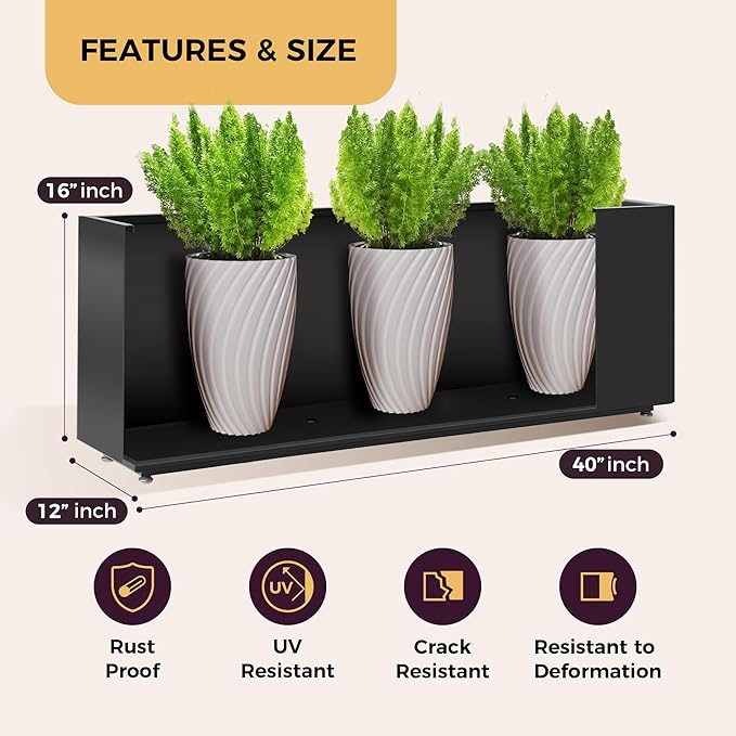 Outdoor Metal Planter Box 40Wx12Dx16H, Long Large Rectangular Trough Planters, Easy 5-Min Assembly, Modern Plant Container with Drainage Holes, Heavy Duty, Weather Resistant, Black