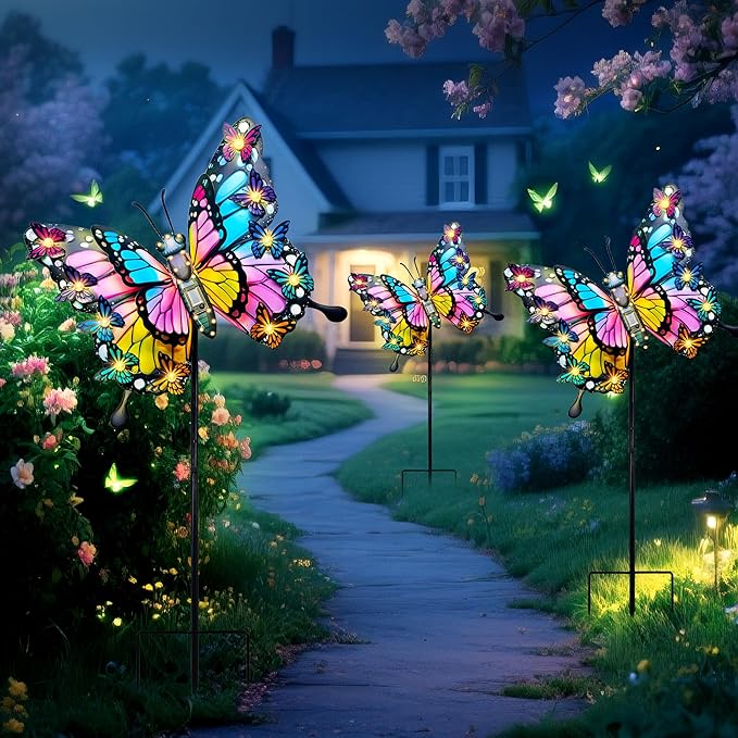 Hexagram Butterfly Garden Decor, Butterfly Solar Lights for Outside, Metal Decorative Large 42.3" Yard Stakes, Solar Outdoor Decorations for Lawn Porch Pathway, Birthday Gardening Gifts for Mom Women