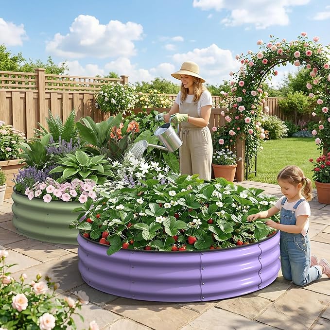 Kesfitt Round Raised Garden Bed, 4x4x1 FT Galvanized Steel Metal Garden Bed, Open-Bottom Design, 12-Inch Deep Outdoor Raised Garden Bed for Vegetables & Herbs, Lavender Purple