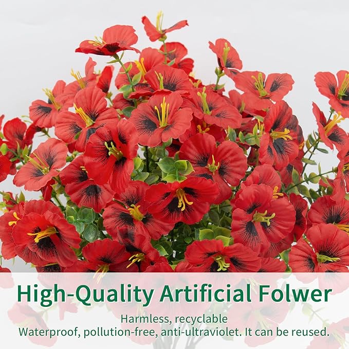 24 Bundles Artificial Pansy Flowers for Outdoor, Faux Silk Pansies Spring Flowers Outside for Planter Front Door Porch Patio Yard Window Box Home Decor (Red)