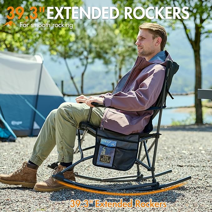 Portal Outdoor Rocking Chair Camping Folding Portable Rocker with Cup Holder Side Pocket Carry Bag, Support 350LBS (Mesh Black)