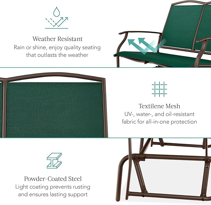 Best Choice Products 2-Person Outdoor Patio Swing Glider Steel Bench Loveseat Rocker for Deck, Porch w/Textilene Fabric, Steel Frame - Forest Green/Brown