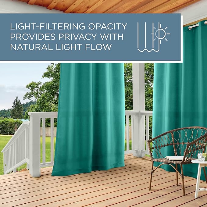 TOWN & COUNTRY BASICS Cabana Solid Heavyweight Indoor Outdoor Curtains, Light Filtering Opacity with Grommet Top, Water Repellent, 2-Pack Set, 54"x120", Teal