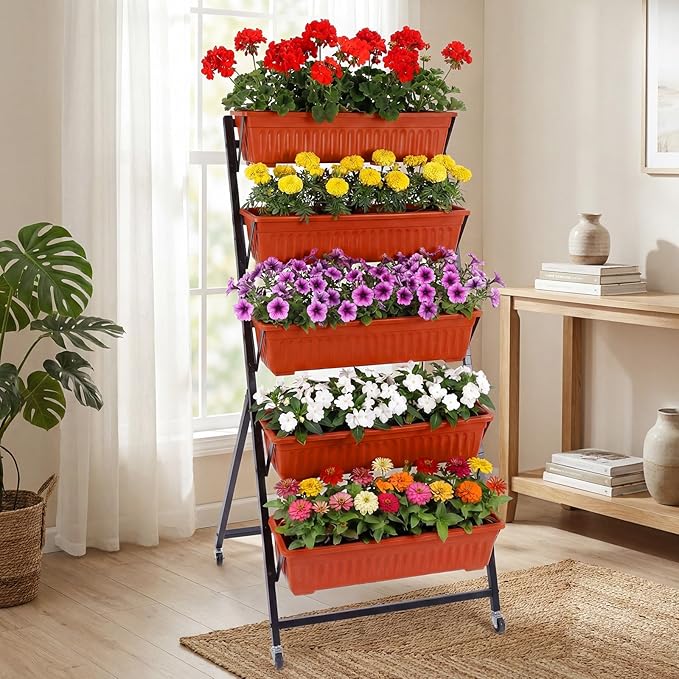 2 Pack 5-tier Vertical Garden Planter 4.5 ft Tall Raised Garden Bed with Lockable Wheels & Drainage, Removable Elevated Herb Vegetable Flower Planter for Patio Deck Indoor Outdoor(Brick Red)