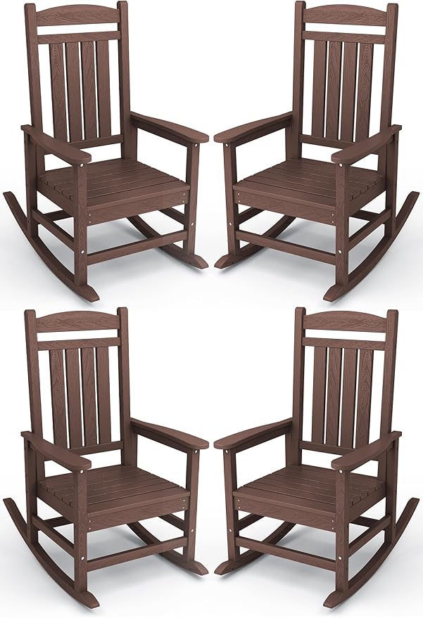 KINGYES HDPE Outdoor Rocking Chair Set of 4, All-Weather Poly Patio Rocking Chairs with 330lbs Support for Adults, Coffee Brown