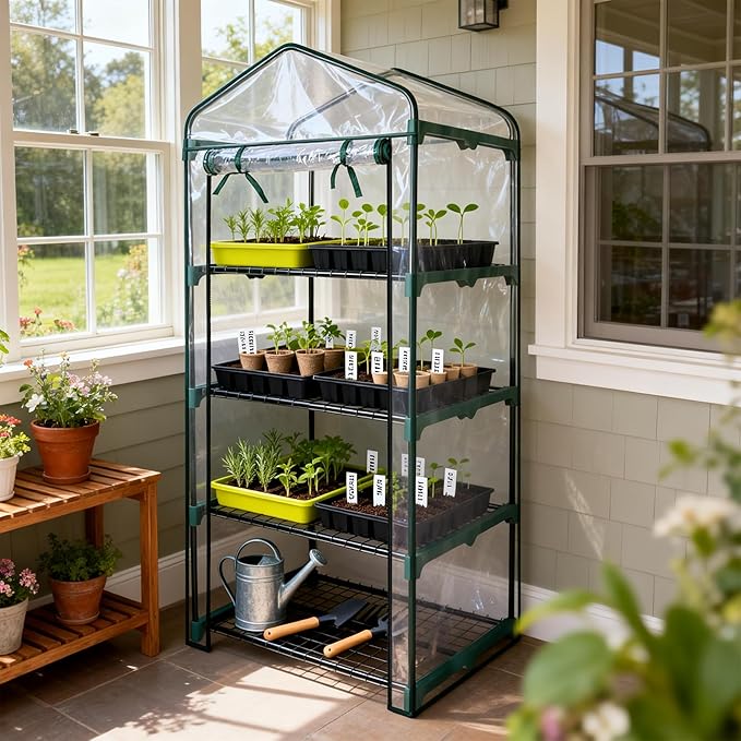 Worth Garden 4 Tier Mini Greenhouse - 63'' H x 27'' L x 19'' W - Sturdy Portable Gardening Shelves with PVC Cover - Small Green House Use in Indoor & Outdoor for Plants Flowers
