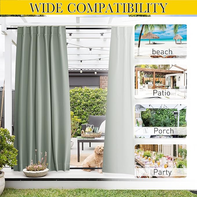 NICETOWN 2 Panels Outdoor Curtains for Patio Waterproof 108 inches Long, Windproof Thermal Insulated Top & Bottom Pocket & Back Tab Blackout Drapes with Rope for Fixed, Sage Green, W52 x L108