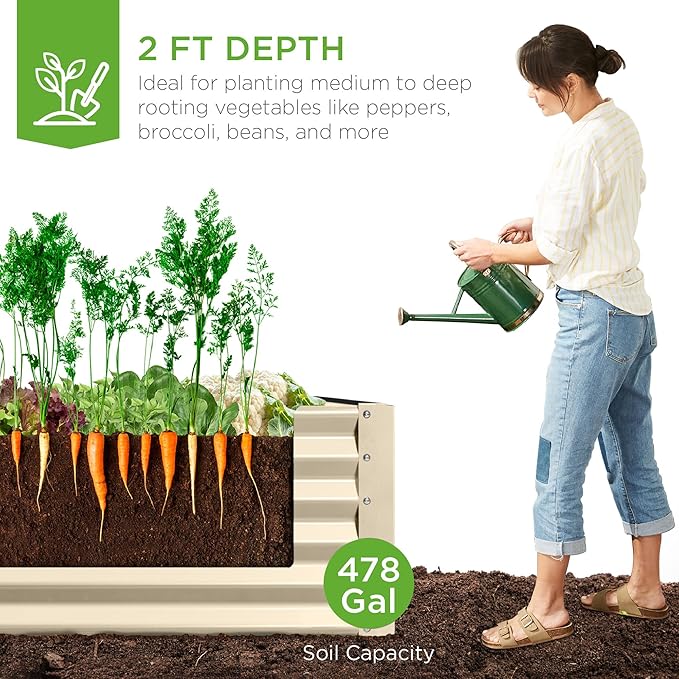Best Choice Products 8x4x2ft Outdoor Metal Raised Garden Bed, Deep Root Planter Box for Vegetables, Herbs & Flowers, 478-Gallon Capacity, 100% Non Toxic Materials - Beige