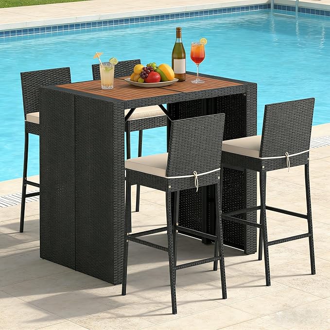 COSTWAY 5 Piece Patio Bar Set, Outdoor Rattan Wicker Bar Table and 30'' High Top Chairs Set with Acacia Wood Tabletop and Cushions for Poolside, Backyard