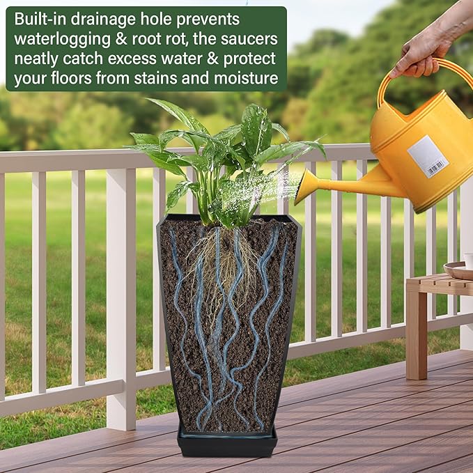 Set of 2 Tall Planter, 21 inch Large Plastic Planter with Drain Hole & Saucers, Large Outdoor Planters for Porch, Garden, Patio, Balcony(Cement Gray)