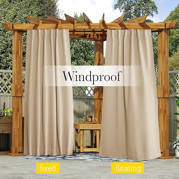 NICETOWN 2 Panels Outdoor Curtains for Patio Waterproof & Windproof, Pocket & Back Tab on Top & Bottom Weighted Drapes Keep Sun/Rain Out with Bonus Rope for Pergola, Biscotti Beige, W52 x L108