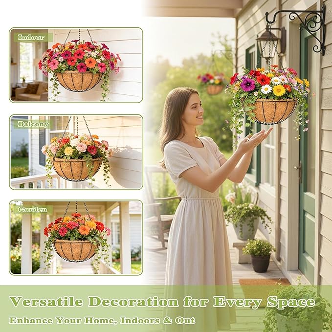 4 Pack 14 Inch Hanging Baskets for Plants Outdoor Metal Hanging Planter Hanging Flower Baskets with Coco Fiber Liners Chain Round Wire Plant Holder Hanging Flower Pots(Watermelon)