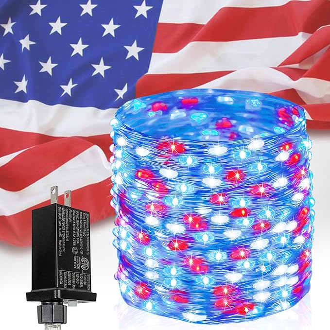 66Ft 200 LED Red White and Blue Fairy Lights Plug in, July 4th Waterproof String Lights 8 Modes with Timer for Indoor and Outdoor, American Flag Twinkle Lights for Independence Day, National Day