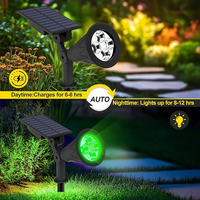 T-SUN Green Solar Spotlights, Green Solar Lights Outdoor, Auto-ON/Off 180°Angle Adjustable Solar Lights for Tree, Patio, Yard, Garden, Driveway, Pool Area (Green-2pack)