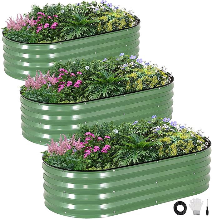 INNO STAGE 3Pcs Galvanized Raised Garden Bed Kit, Outdoor Metal Raised Garden Beds for Vegetables, Rust-Resistant & Easy Assembly, 4x2x1ft Oval Raised beds for Gardening, Flowers, Herbs (Olivergreen)
