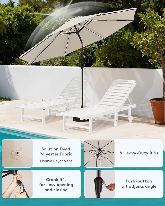 SERWALL Outdoor Chaise Lounge Set of 2 with 9FT Patio Umbrella, HDPE Pool Lounge Chair with 5-Position Adjustable Backrest, Patio Lounger with Rolling Wheels & Cup Holder for Pool, White