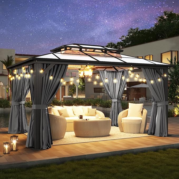 Aoxun 10'x14' Hardtop Gazebo, Aluminum Frame Permanent Pavilion with Curtains and Netting, Outdoor Polycarbonate Double Roof Canopy, Gray