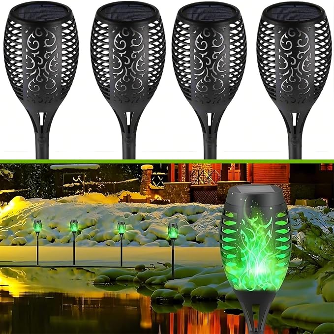 4 Pack Outdoor Solar Flame Light,Solar Lights Outdoor for Garden Decorations with Flickering Flame,IP65 Waterproof Solar Powered Yard Lights Torch Light for Lawn Patio Pathway (Green)