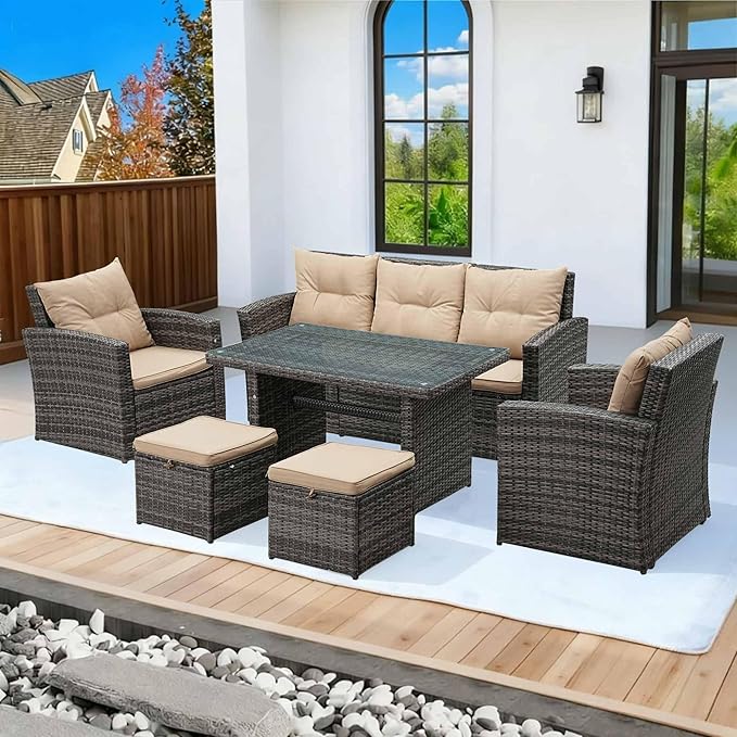 6 Pieces Patio Furniture Set - All-Weather Outdoor Wicker Sectional Conversation Sofa, Rattan Patio Seating Sofa Set with 4'' Cushion and Glass Table for Porch Poolside, Brown