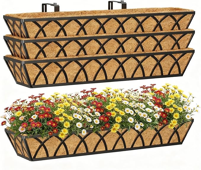30 Inch Window Deck with Coco Liner, Fence Metal Hanging Flower Planter Window Basket Deck Railing Planter Boxes for Outdoor Garden Lawn，30" Window Boxes Horse Trough with Coconut Coir Liner, 4pcs